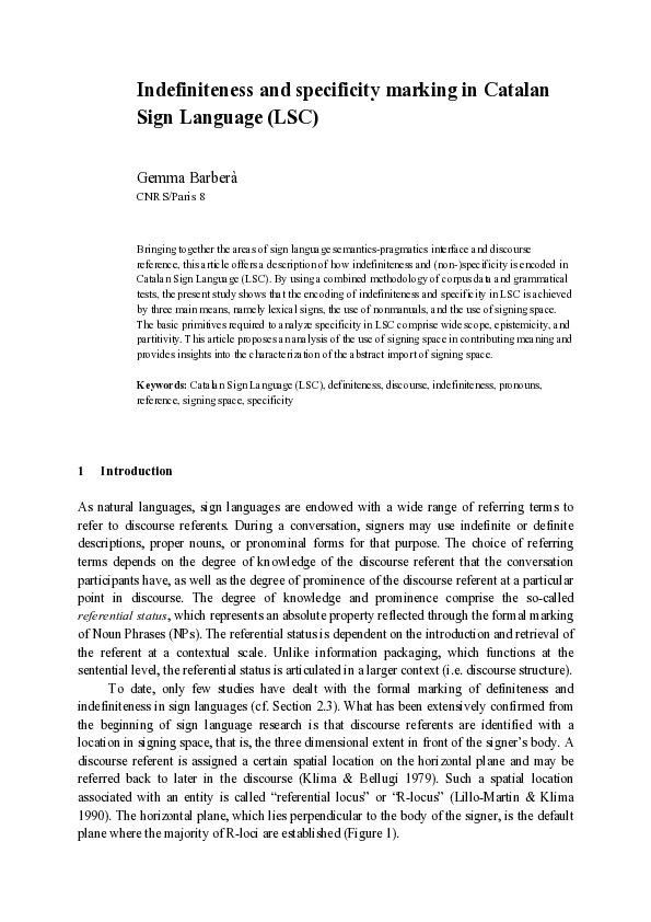 (PDF) Indefiniteness and specificity marking in Catalan Sign Language (LSC)