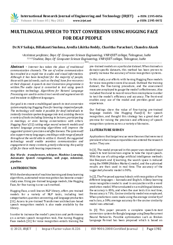 (PDF) MULTILINGUAL SPEECH TO TEXT CONVERSION USING HUGGING FACE FOR ...