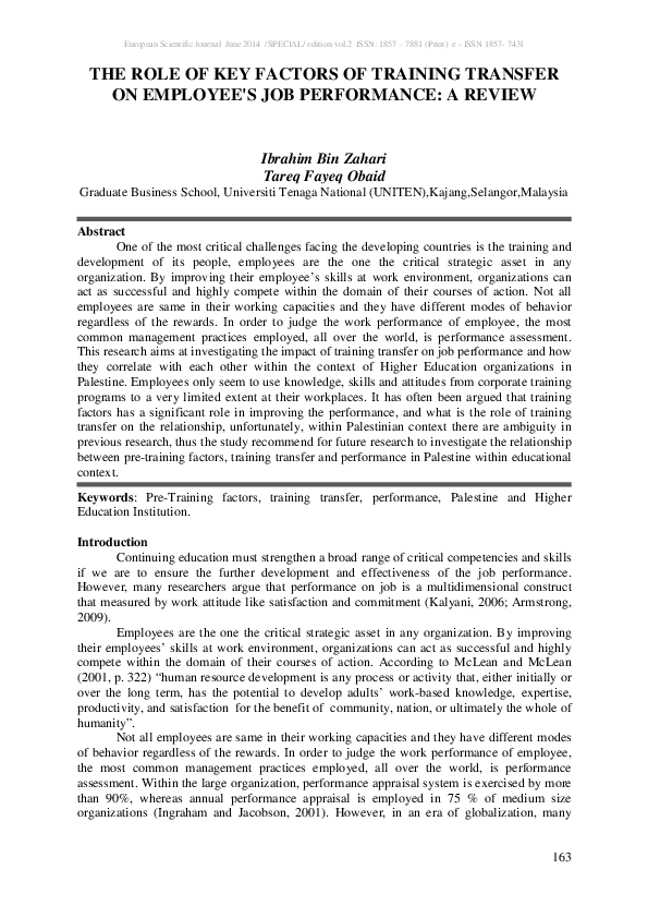 (PDF) The Role of Key Factors of Training Transfer on Employee's Job ...