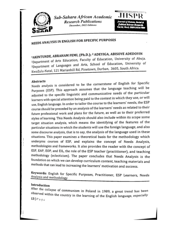 (PDF) Needs Analysis in English for Specific Purposes