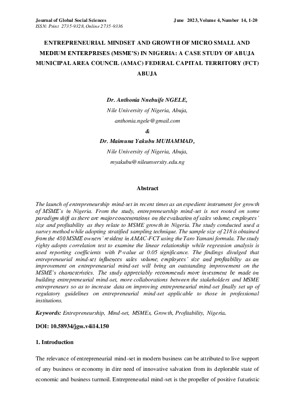 (PDF) Entrepreneurial mindset and growth of Micro Small and Medium ...