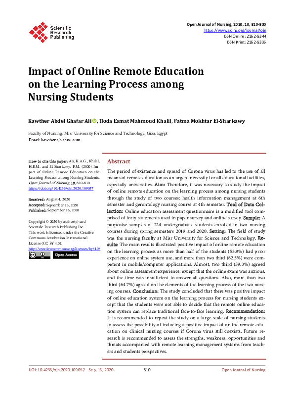 (PDF) Impact of Online Remote Education on the Learning Process among ...