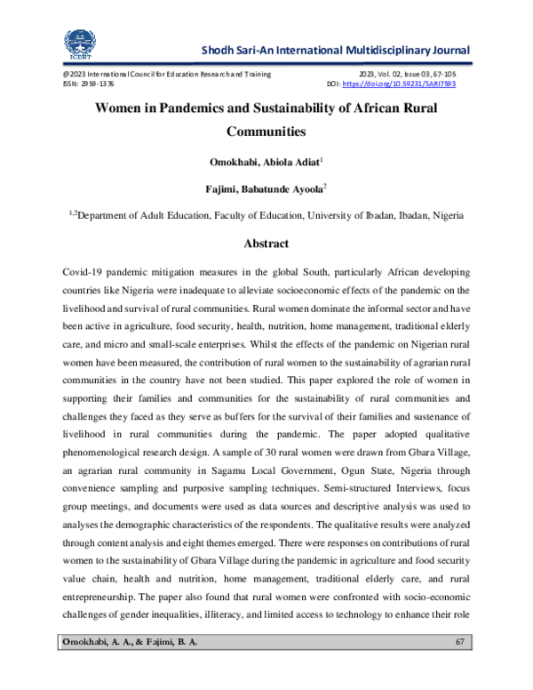 (PDF) Women in Pandemics and Sustainability of African Rural Communities