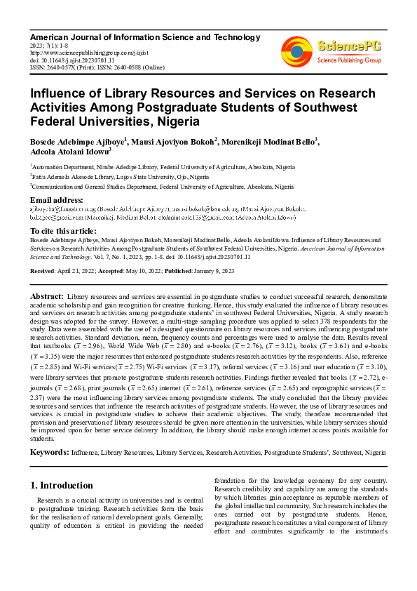 (PDF) Influence of Library Resources and Services on Research ...