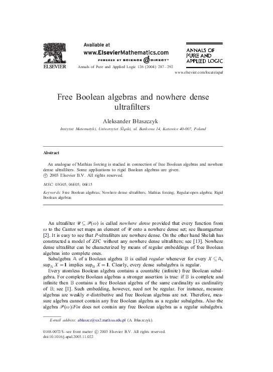(PDF) Free Boolean algebras and nowhere dense ultrafilters