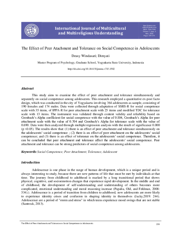 (PDF) The Effect of Peer Atachment and Tolerance on Social Competence ...