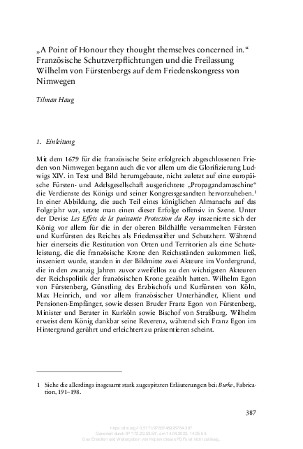 „A Point of Honour they thought themselves concerned in.“ Französische Schutzverpflichtungen und die Freilassung Wilhelm von Fürstenbergs auf dem Friedenskongress von Nimwegen