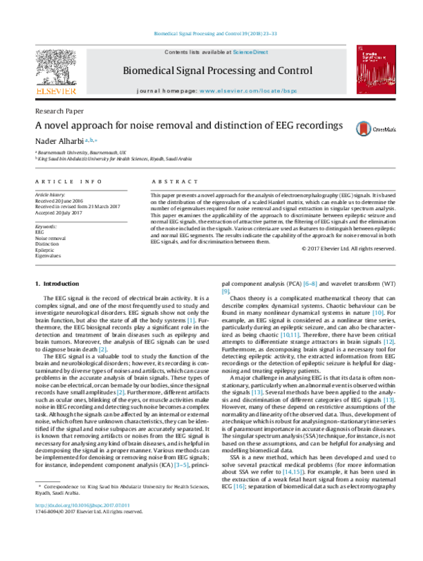 (PDF) A novel approach for noise removal and distinction of EEG recordings