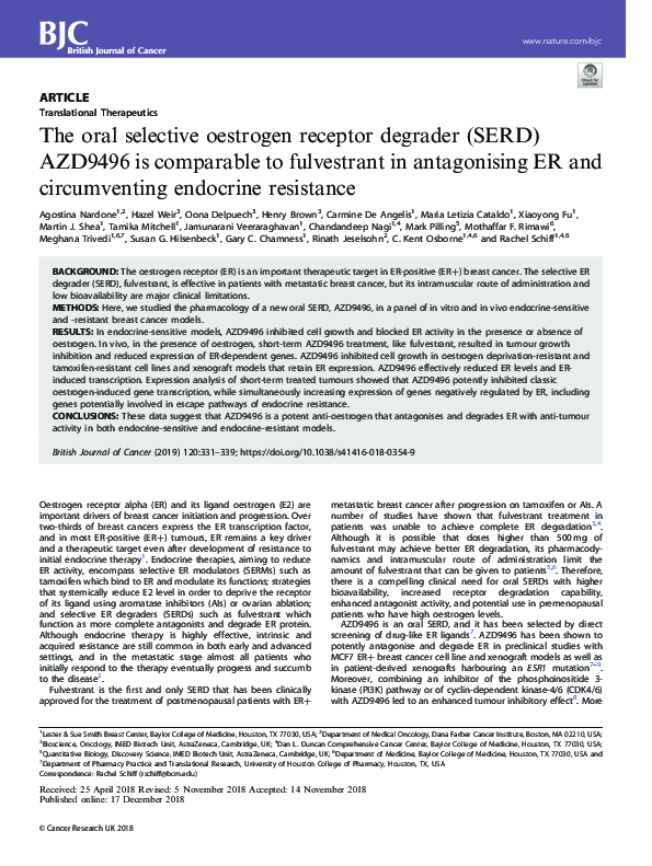 (PDF) The oral selective oestrogen receptor degrader (SERD) AZD9496 is ...