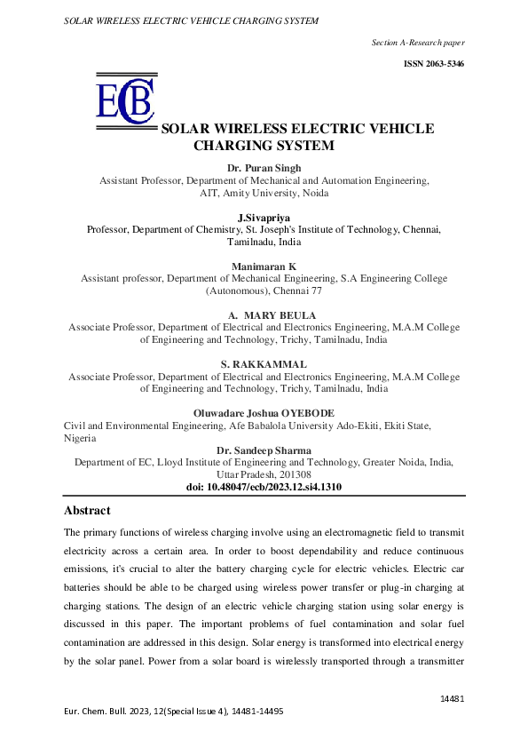 (PDF) SOLAR WIRELESS ELECTRIC VEHICLE CHARGING SYSTEM