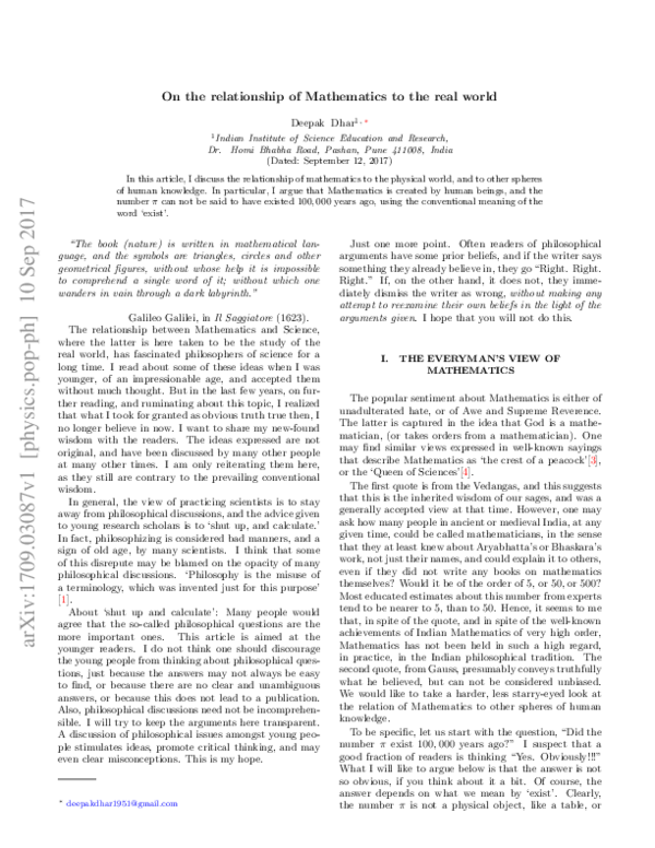 (PDF) On the Relationship of Mathematics to the Real World