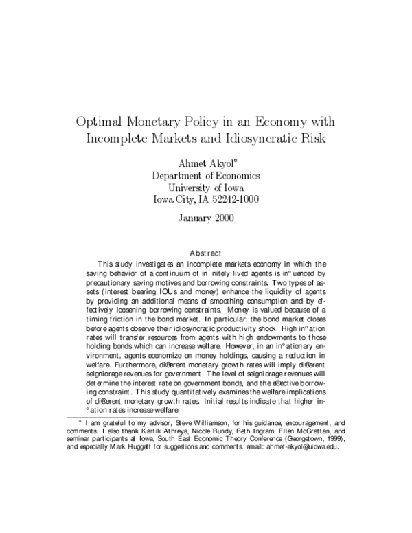 (PDF) Optimal monetary policy in an economy with incomplete markets and ...