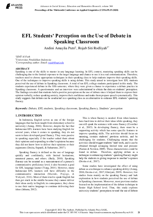 (PDF) EFL Students’ Perception on the Use of Debate in Speaking Classroom