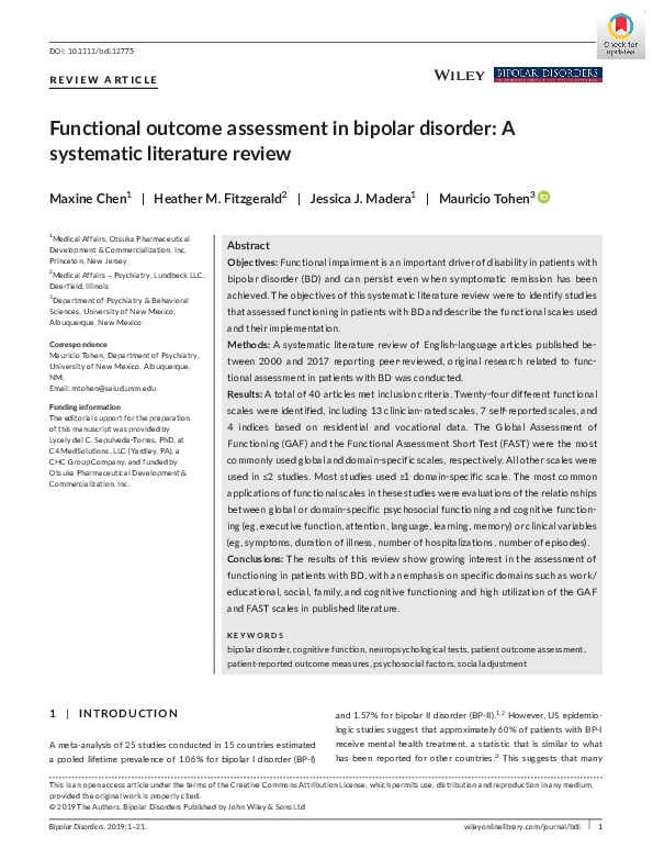 (PDF) Functional outcome assessment in bipolar disorder: A systematic ...