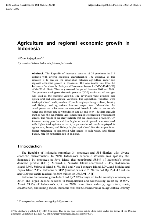 (PDF) Agriculture and regional economic growth in Indonesia