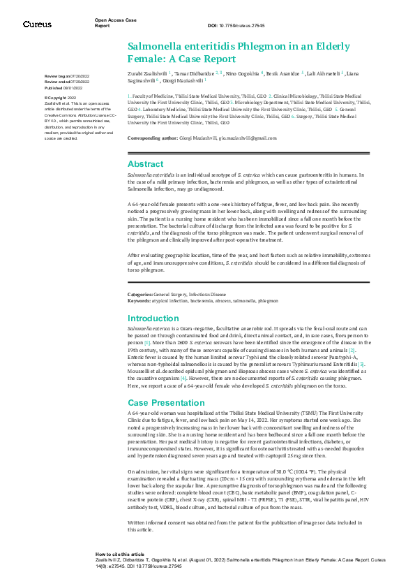 (PDF) Salmonella enteritidis Phlegmon in an Elderly Female: A Case Report