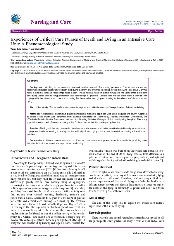 (PDF) Experiences of Critical Care Nurses of Death and Dying in an ...