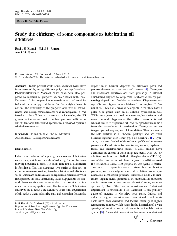 (PDF) Study the efficiency of some compounds as lubricating oil additives
