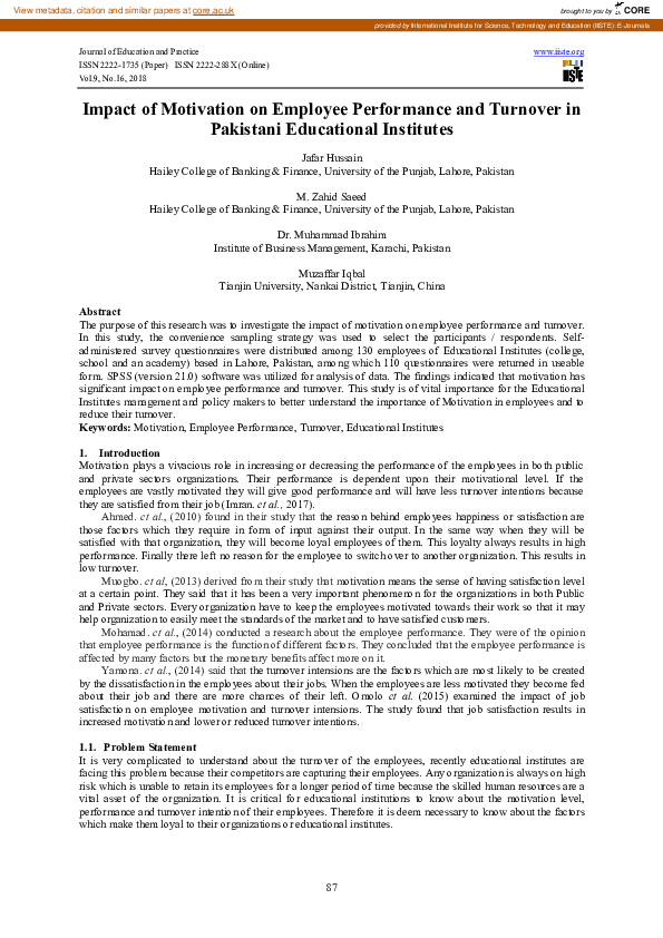(PDF) Impact of Motivation on Employee Performance and Turnover in ...