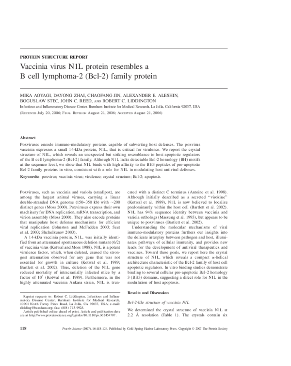 (PDF) Vaccinia virus N1L protein resembles a B cell lymphoma-2 (Bcl-2 ...