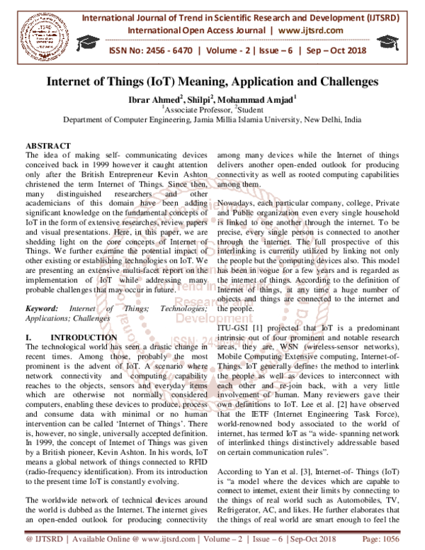 (PDF) Internet of Things IoT Meaning, Application and Challenges