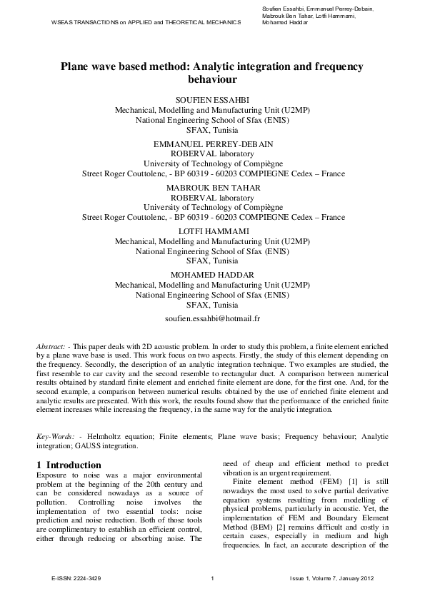 (PDF) Plane wave based method: Analytic integration and frequency behaviour