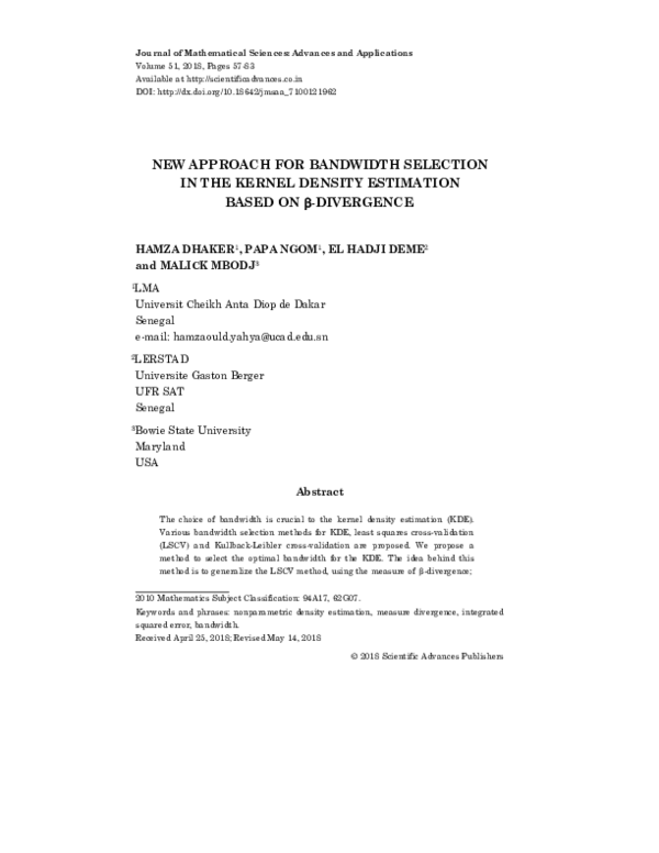 (PDF) New Approach for Bandwidth Selection in the Kernel Density ...