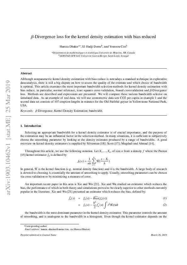 (PDF) β-Divergence loss for the kernel density estimation with bias reduced