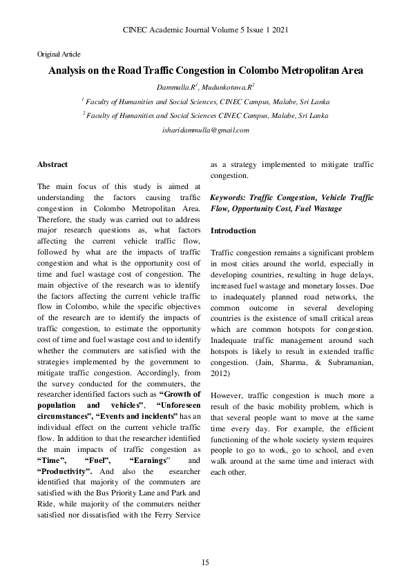 (PDF) Analysis on the Road Traffic Congestion in Colombo Metropolitan Area