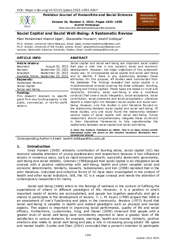 (PDF) Social Capital and Social Well-Being: A Systematic Review