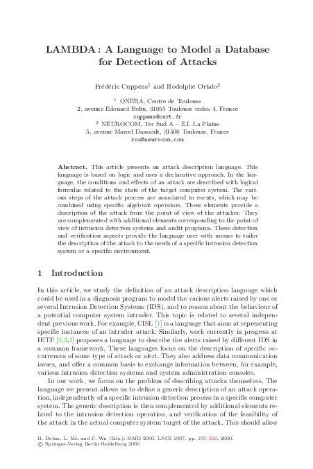 (PDF) LAMBDA: A Language to Model a Database for Detection of Attacks