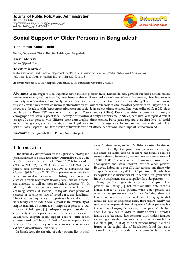 (PDF) Social Support of Older Persons in Bangladesh