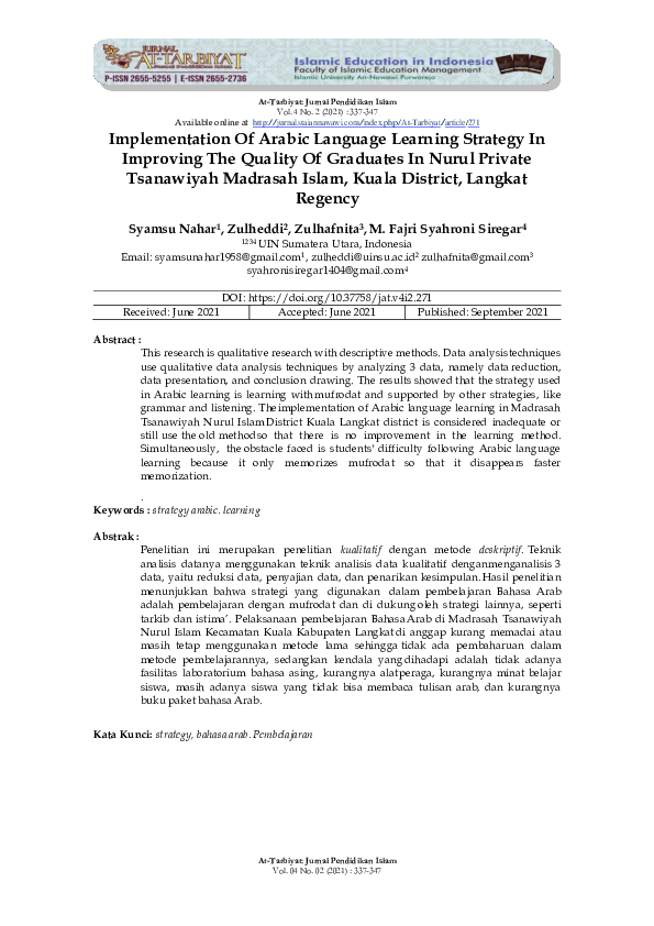 (PDF) Implementation Of Arabic Language Learning Strategy In Improving ...