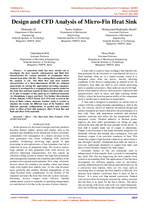 (PDF) Design and CFD Analysis of Micro-Fin Heat Sink