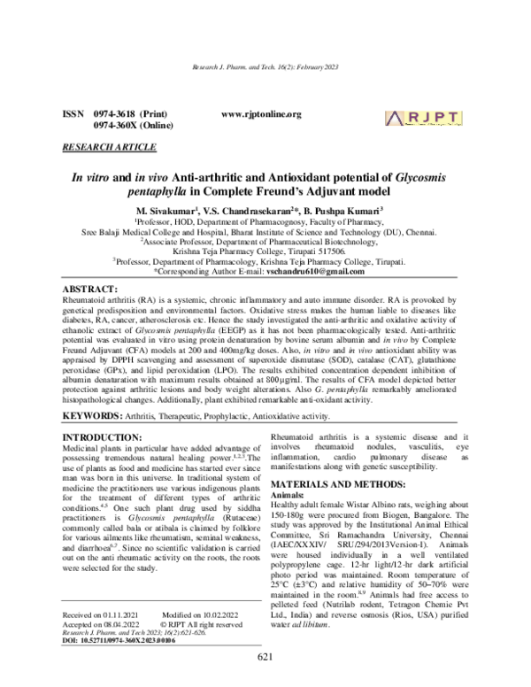 (PDF) In vitro and in vivo Anti-arthritic and Antioxidant potential of ...