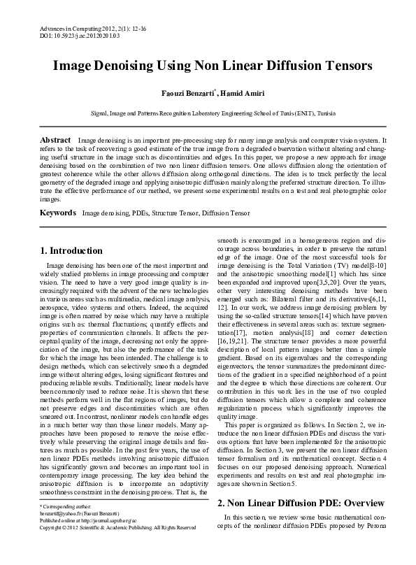 (PDF) Image Denoising Using Non Linear Diffusion Tensors