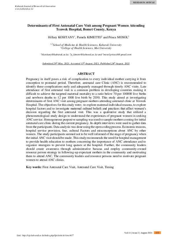 (PDF) Determinants of First Antenatal Care Visit among Pregnant Women ...