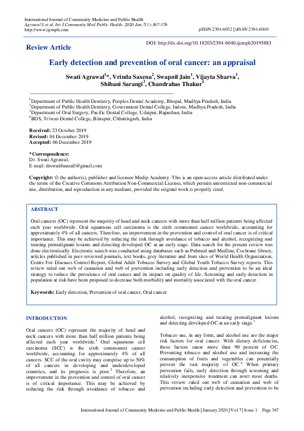 (PDF) Early detection and prevention of oral cancer: an appraisal