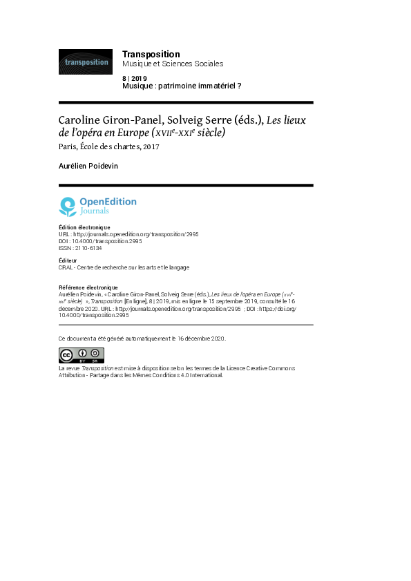 (PDF) Caroline Giron-Panel, Solveig Serre (éds.), Les lieux de l’opéra ...