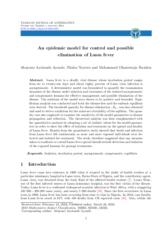 (PDF) An epidemic model for control and possible elimination of Lassa fever