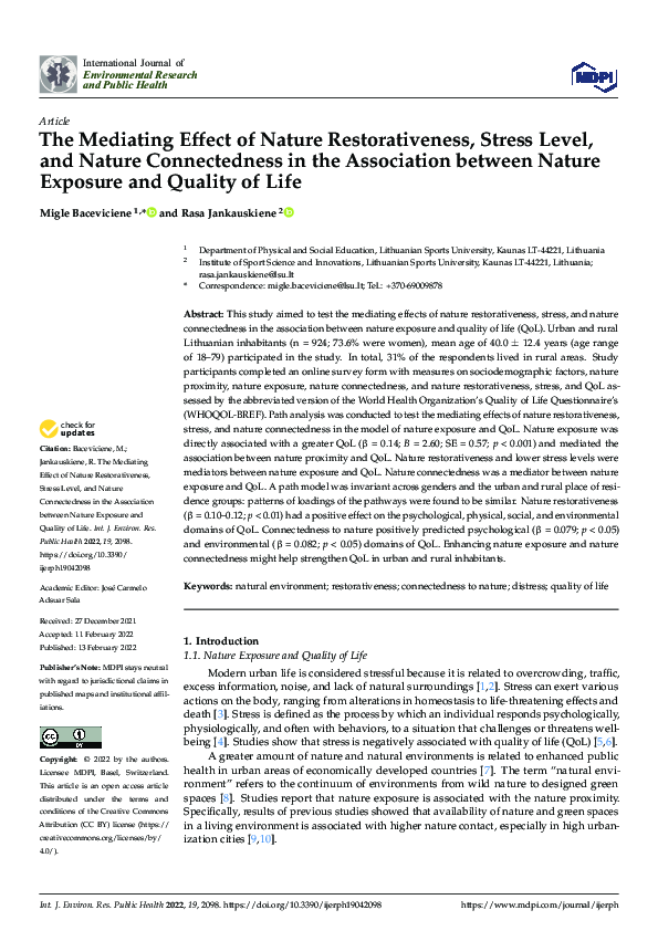 (PDF) The Mediating Effect of Nature Restorativeness, Stress Level, and ...
