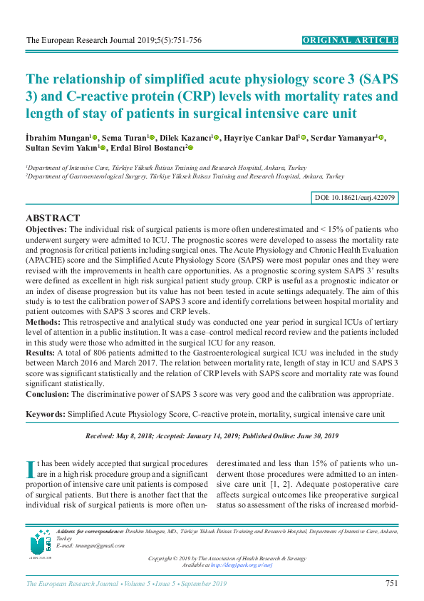 (PDF) The relationship of simplified acute physiology score 3 (SAPS 3 ...