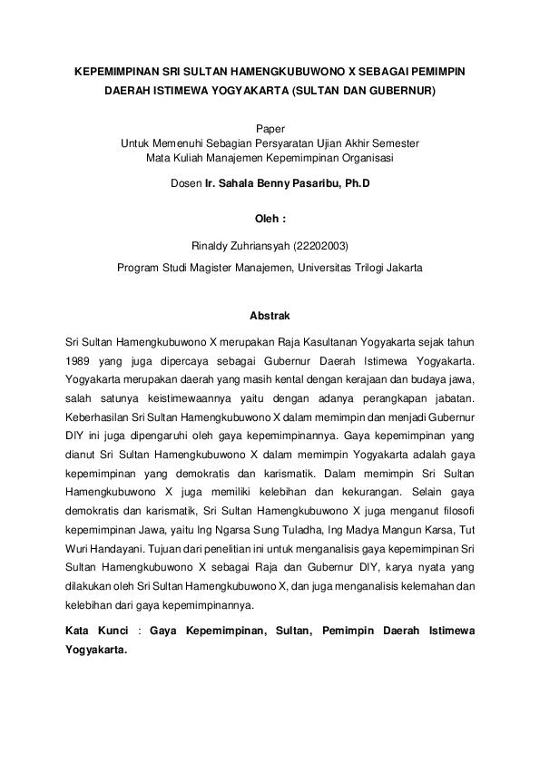 Pdf Kepemimpinan Sri Sultan Hamengkubuwono X Sebagai Pemimpin Daerah