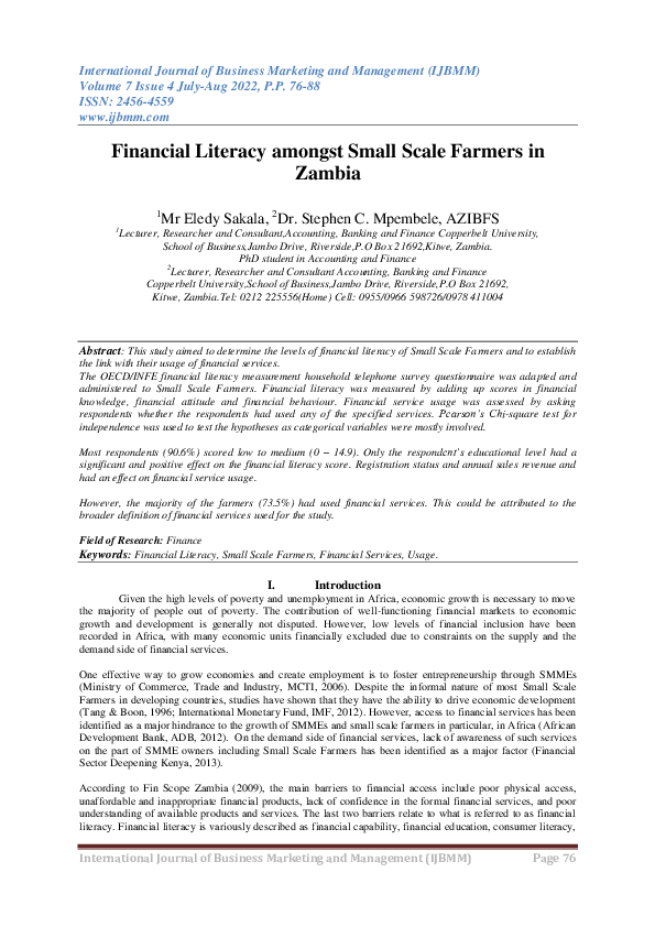 PDF) Financial Literacy amongst Small Scale Farmers in Zambia