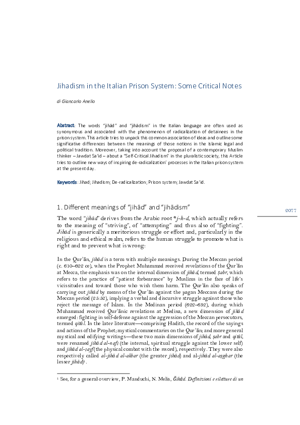 2023 Jihadism in the Italian Prison System: Some Critical Notes