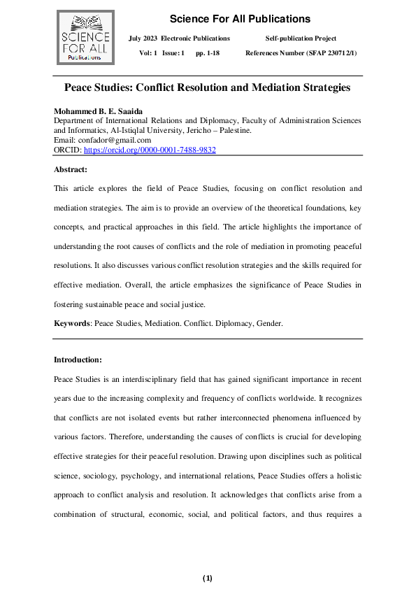 (PDF) Peace Studies: Conflict Resolution and Mediation Strategies