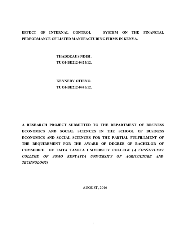 (DOC) EFFECT OF INTERNAL CONTROL SYSTEM ON THE FINANCIAL PERFORMANCE OF ...