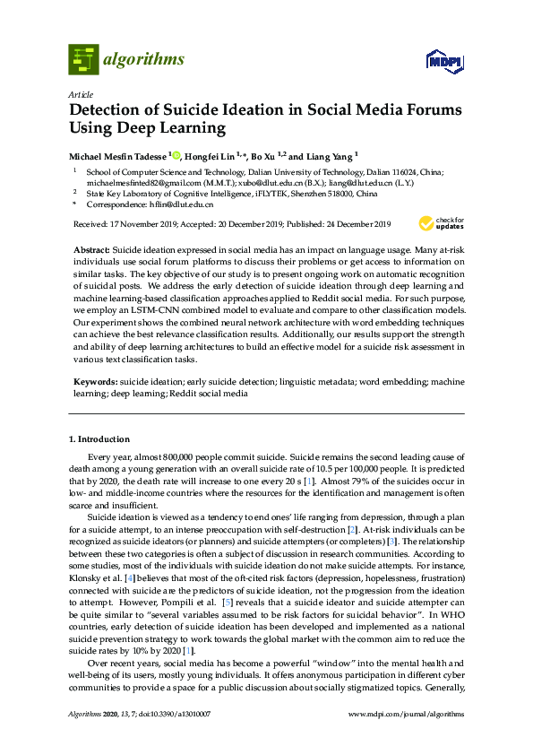 (PDF) Detection of Suicide Ideation in Social Media Forums Using Deep ...
