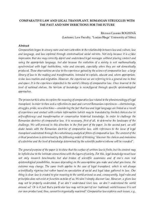 (PDF) COMPARATIVE LAW AND LEGAL TRANSPLANT. ROMANIAN STRUGGLES WITH THE ...