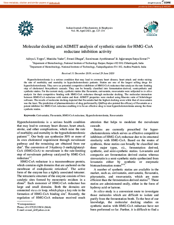 (PDF) Molecular docking and ADMET analysis of synthetic statins for HMG ...